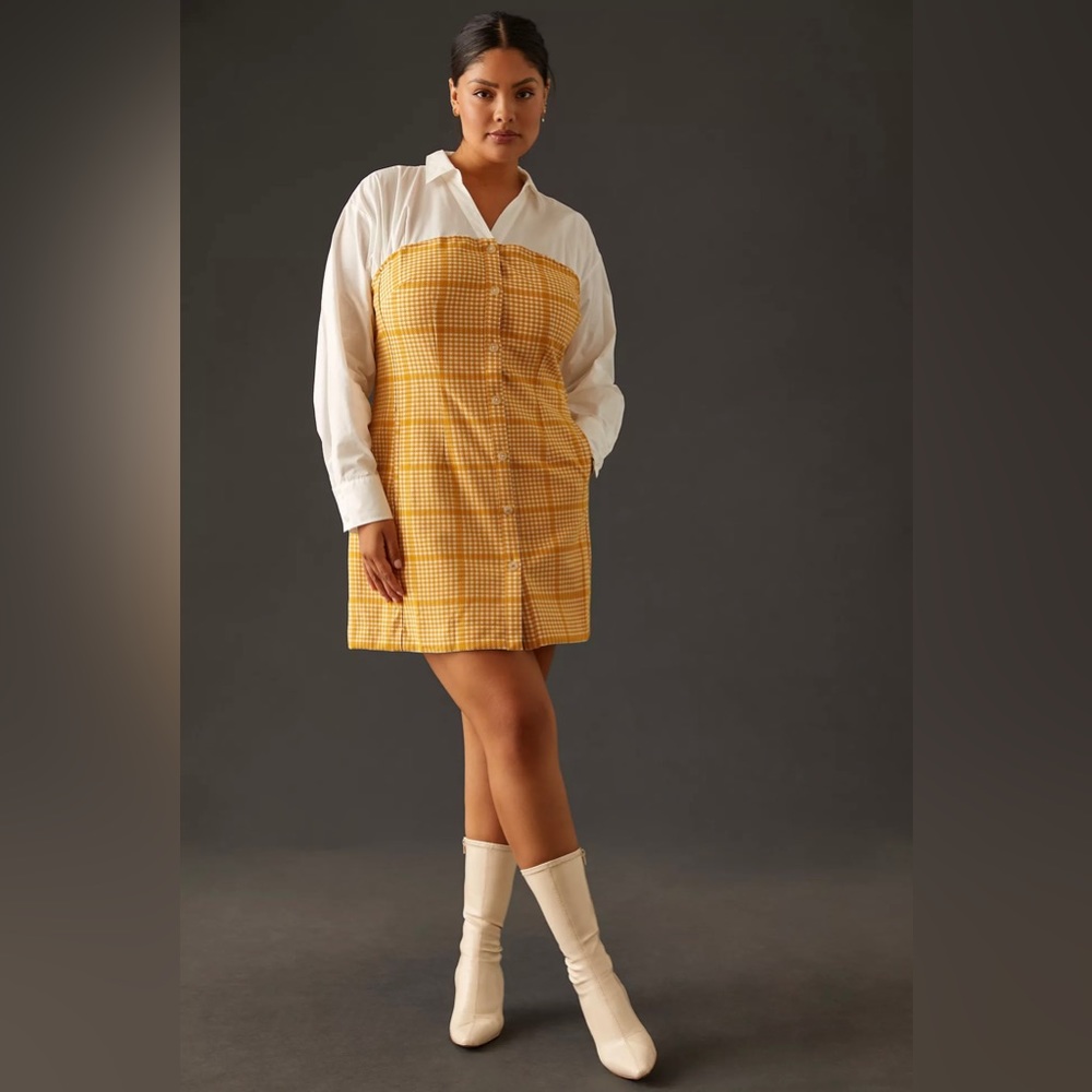 Anthropologie Yellow Plaid Mini Dress with White Shirt Details
